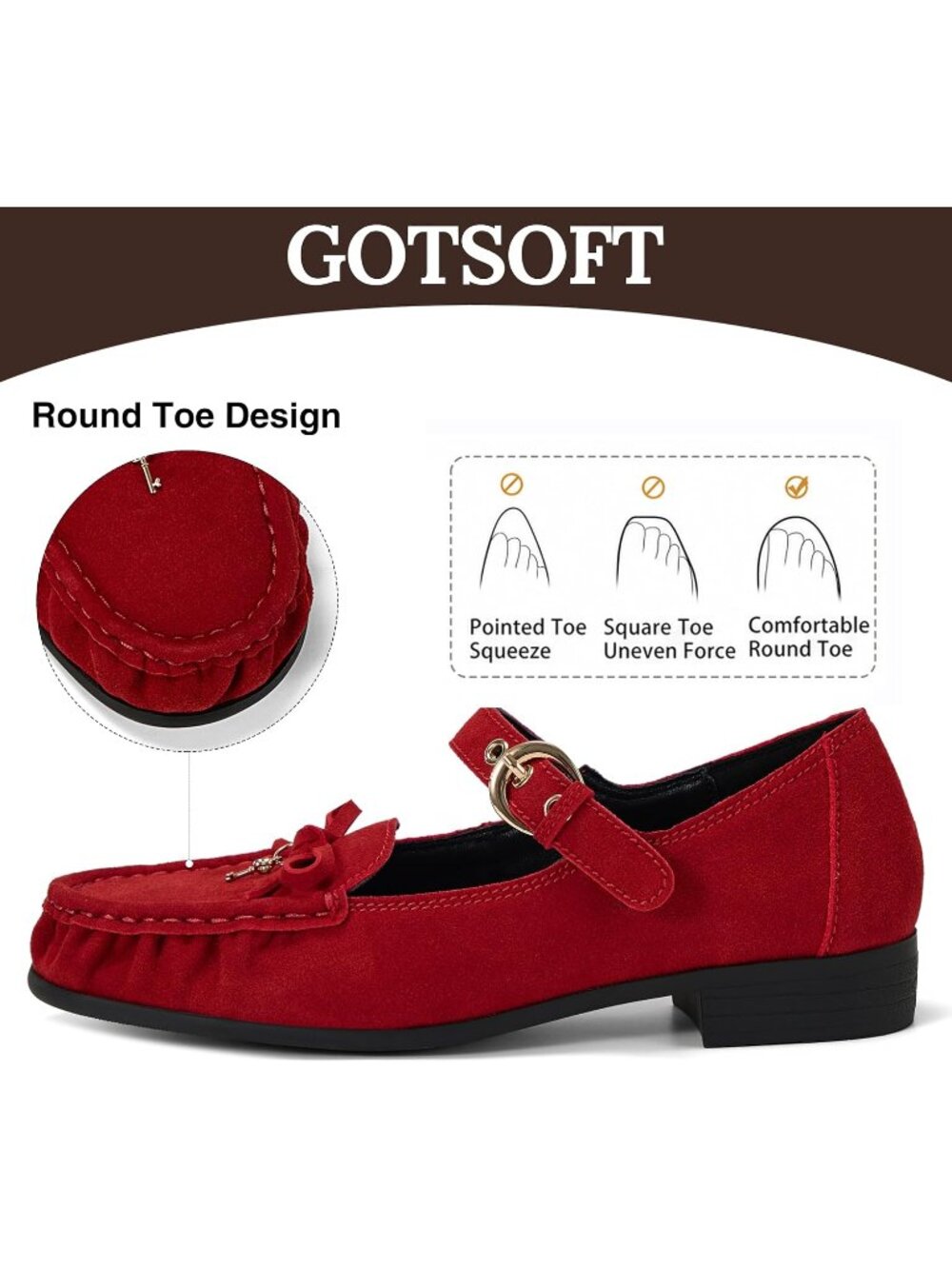 Women's Red Leather Loafers Bow Buckle Comfortable Classic Dress Work Shoes - Picture 5 of 7